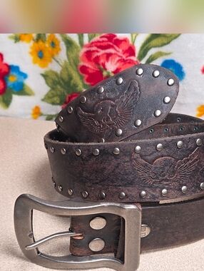 Bed Stu Winged Skull Riveted Studded Brown Leather Belt Size 34 Fits 32-36